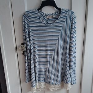 LOGO by Lori Goldstein Blue Striped Long Sleeve Top with Lace Trim